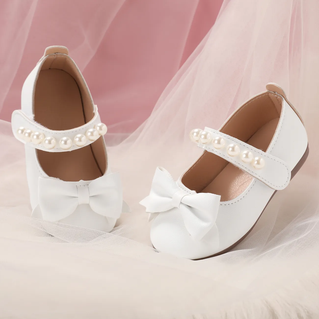 Toddler/Kid Girl Sweet Style Solid Color Pearl Bow Decor Velcro Leather Shoes  White big image 1