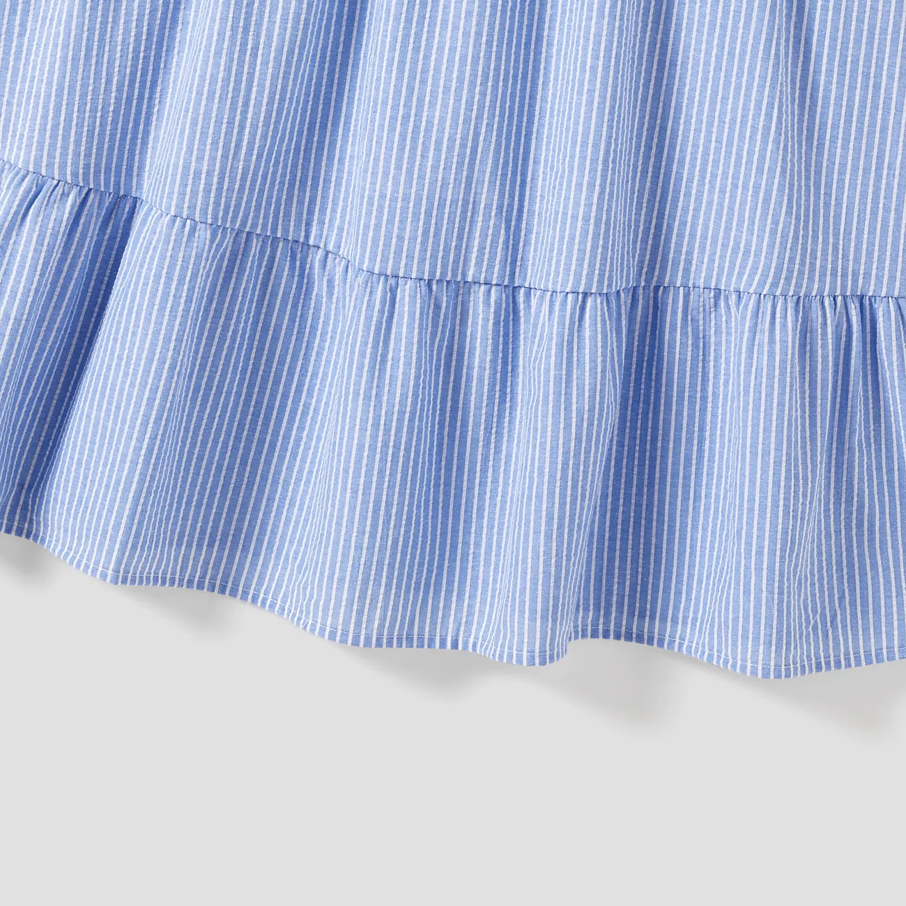 Family Matching Blue Stripe Panel Polo Shirt and Tie Neck Shirred Waist Stripe Strap Dress Sets Blue big image 1