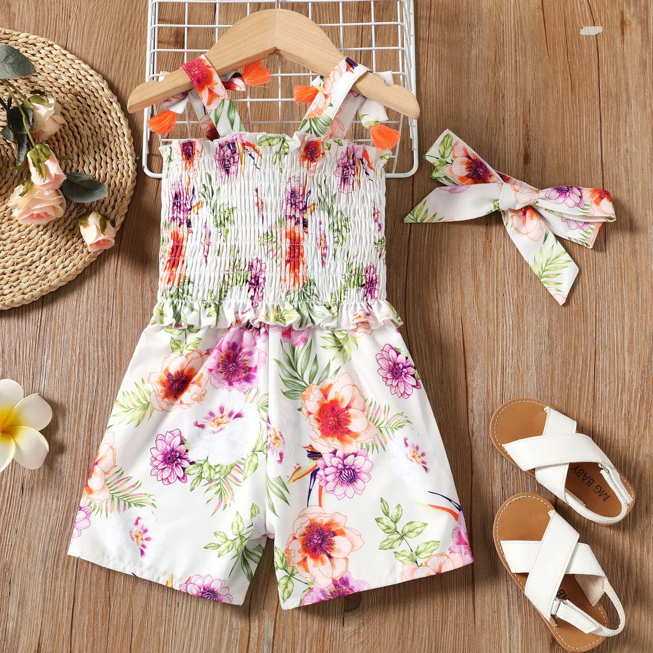 Toddler Girl Floral Pattern Ruffled Cross Straps Jumpsuit and Headband Set Colorful big image 1