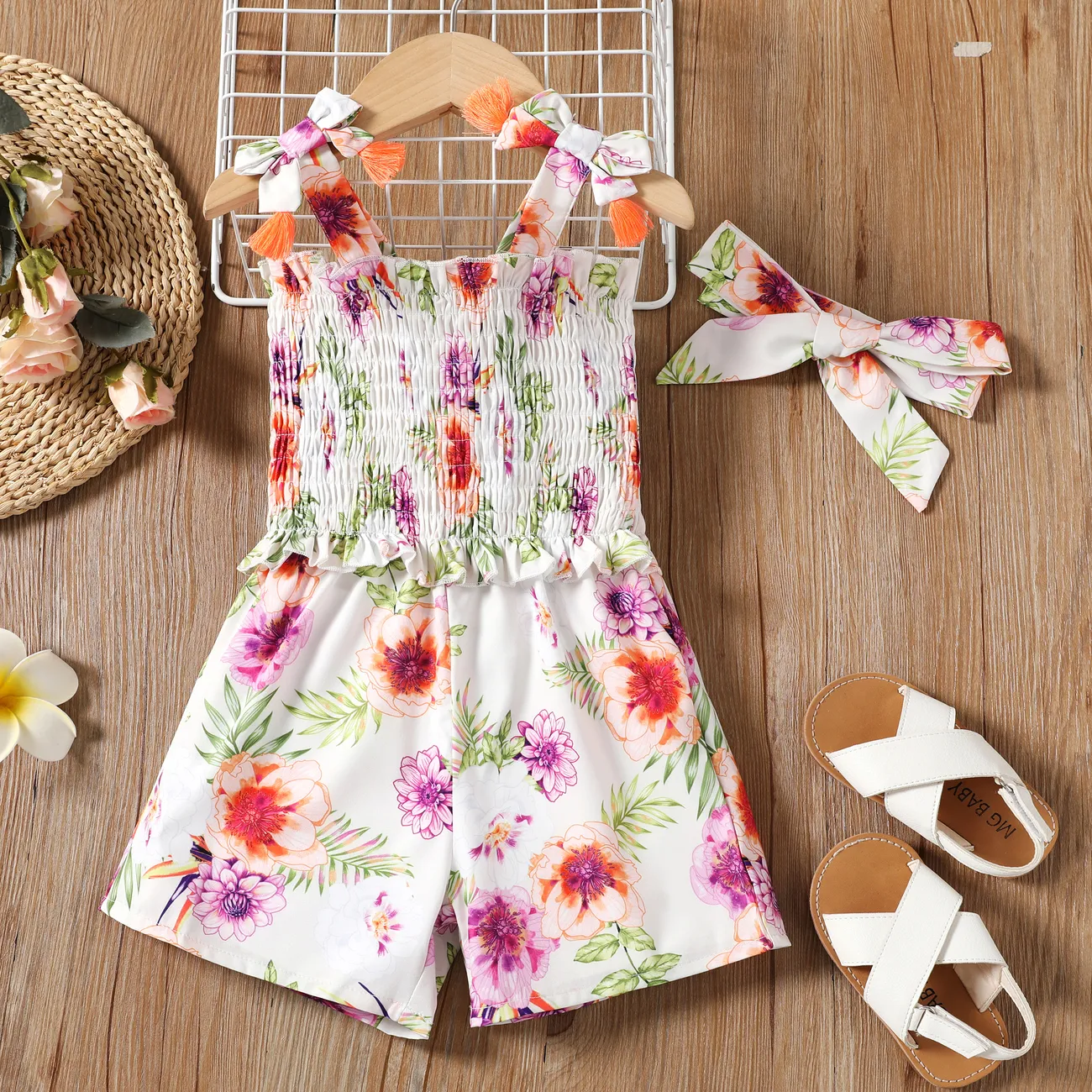 Toddler Girl Floral Pattern Ruffled Cross Straps Jumpsuit and Headband Set Colorful big image 1