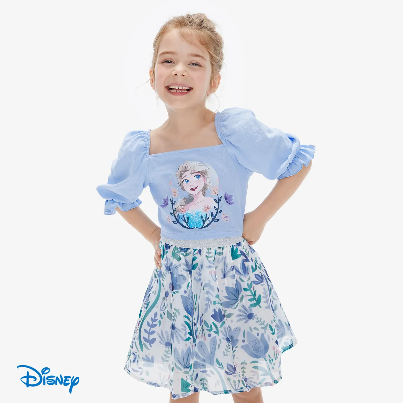 Disney Frozen Elsa/Anna 2pcs Toddler Girls Character Print Puff Sleeves Top with Floral Skirts Set Blue big image 1