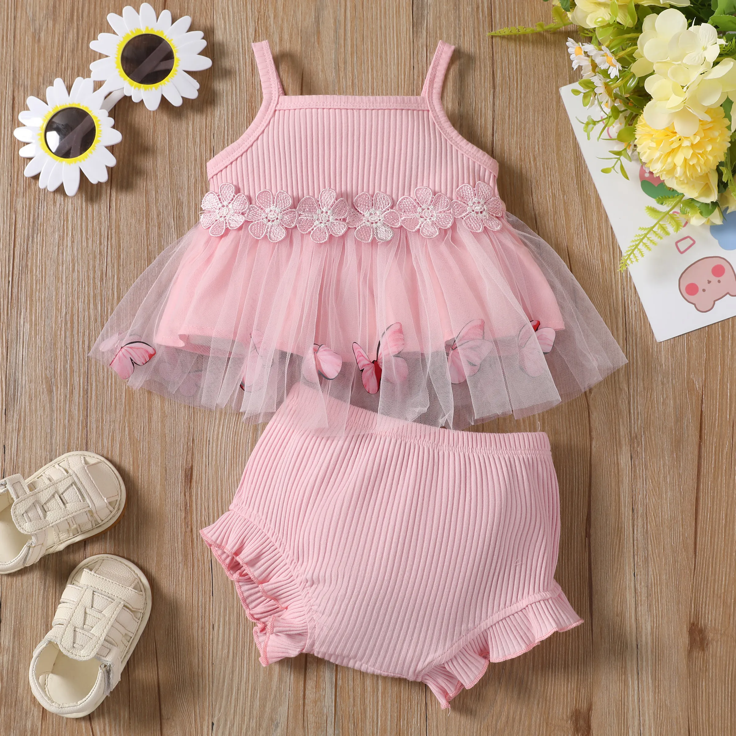 Baby Girl Floral Embroidered Mesh Cami Dress and Ruffled Shorts Set