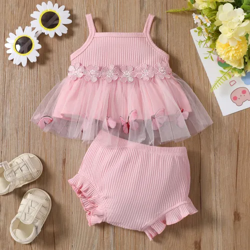 Conjunto de vestido camisero de malla bordado floral y pantalón corto con volantes para bebé niña