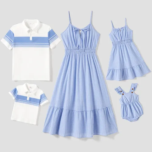 Famiglia Matching Blue Stripe Panel Polo e Tie Neck Shirred Waist Stripe Strap Dress Sets