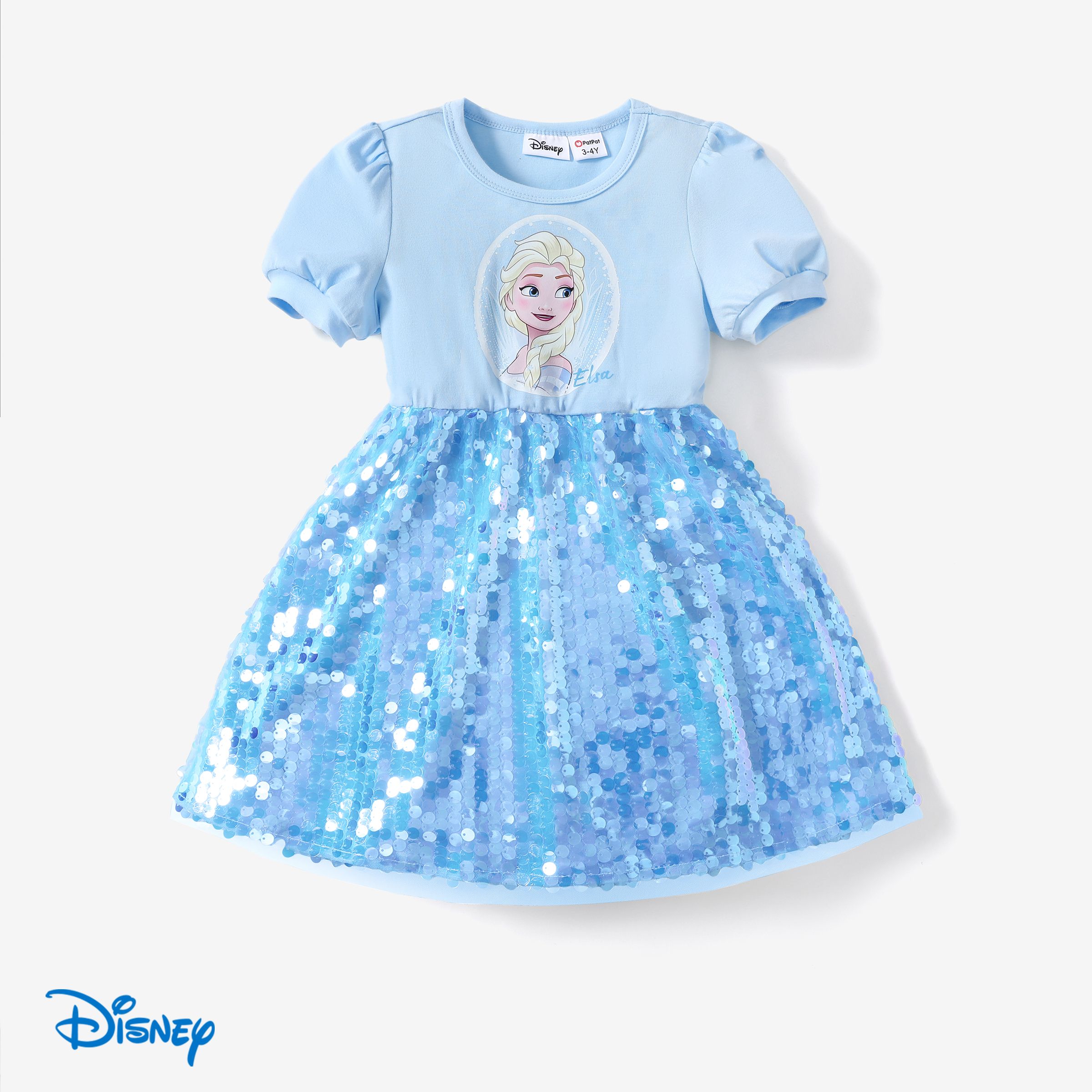 迪士尼冰雪奇緣幼兒女孩 Elsa 1 件裝角色印花泡泡袖亮片連衣裙