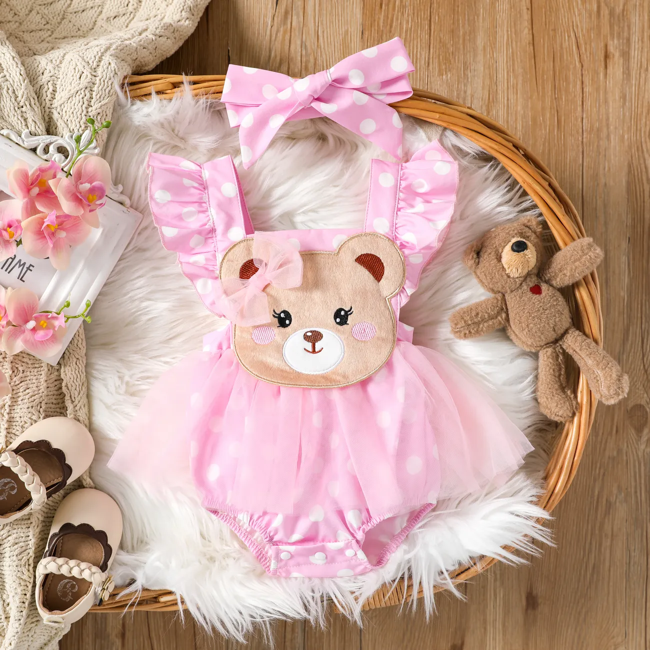 Baby Girl 2pcs Bear 3D Mesh Romper and Headband Set Pink big image 1