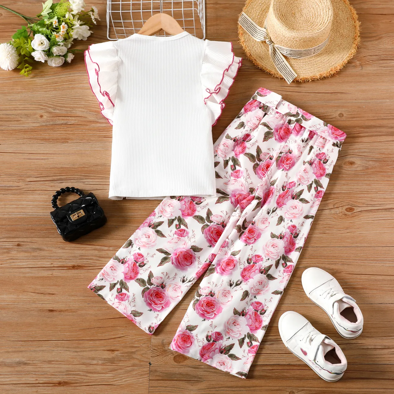 Kid Girl 2pcs Ruffled Tee and Floral Pattern Pants Set Pink big image 1