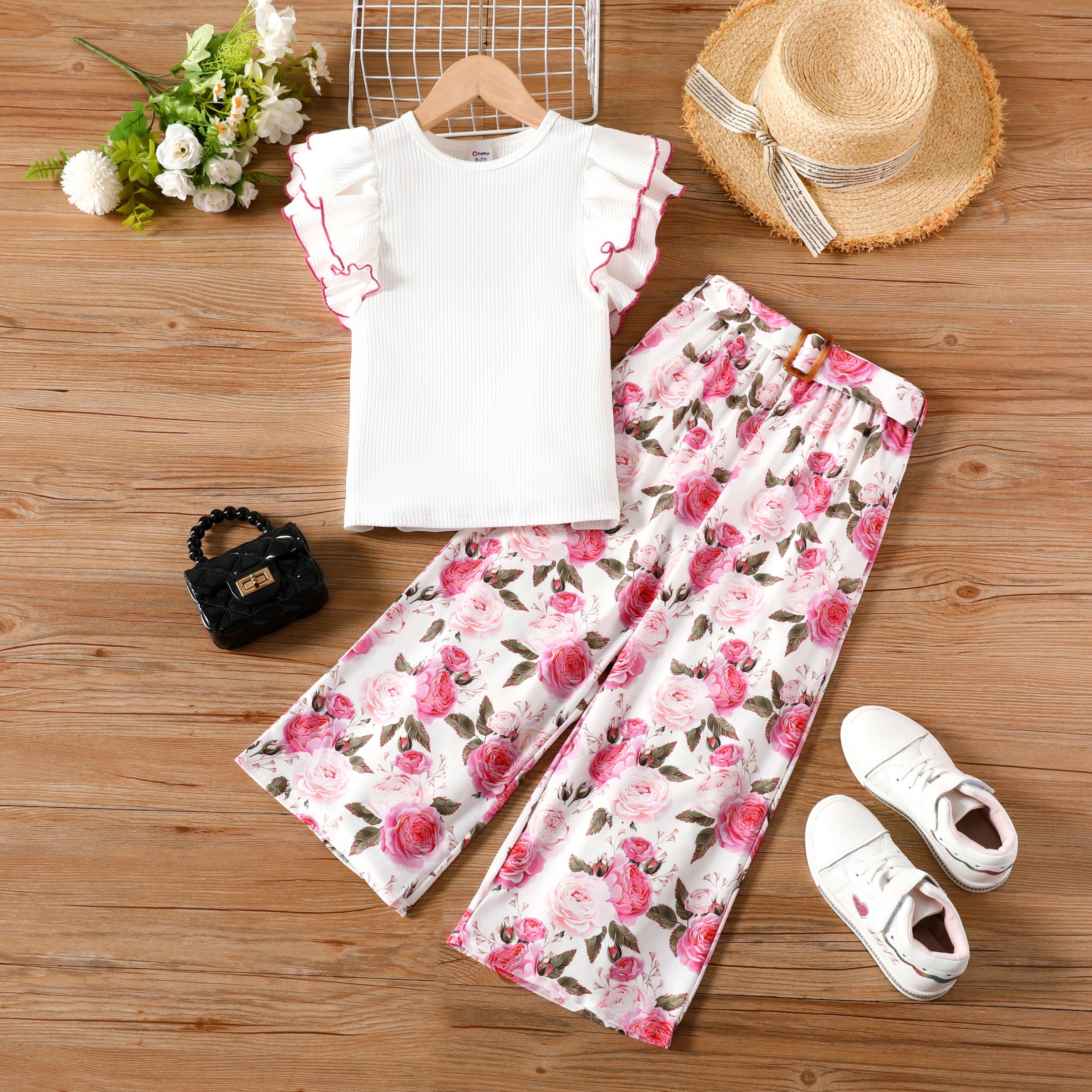 Kid Girl 2pcs Ruffled Tee and Floral Pattern Pants Set