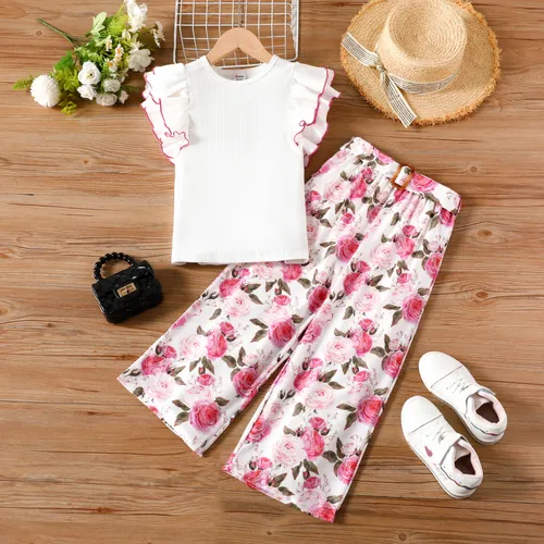 Kid Girl 2pcs Camiseta con volantes y conjunto de pantalones con estampado floral