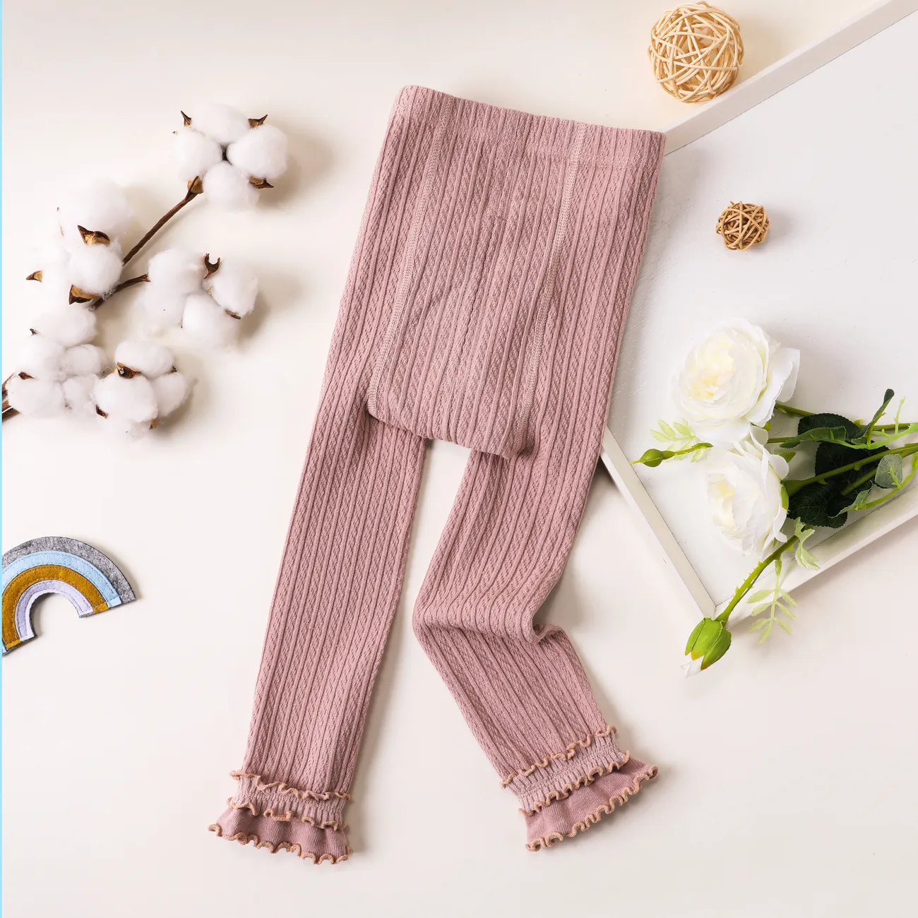 嬰幼兒三層純棉緊身褲，飾有優雅的鑲邊和閃亮的線，下裝和緊身褲兩用設計 藕粉 big image 1