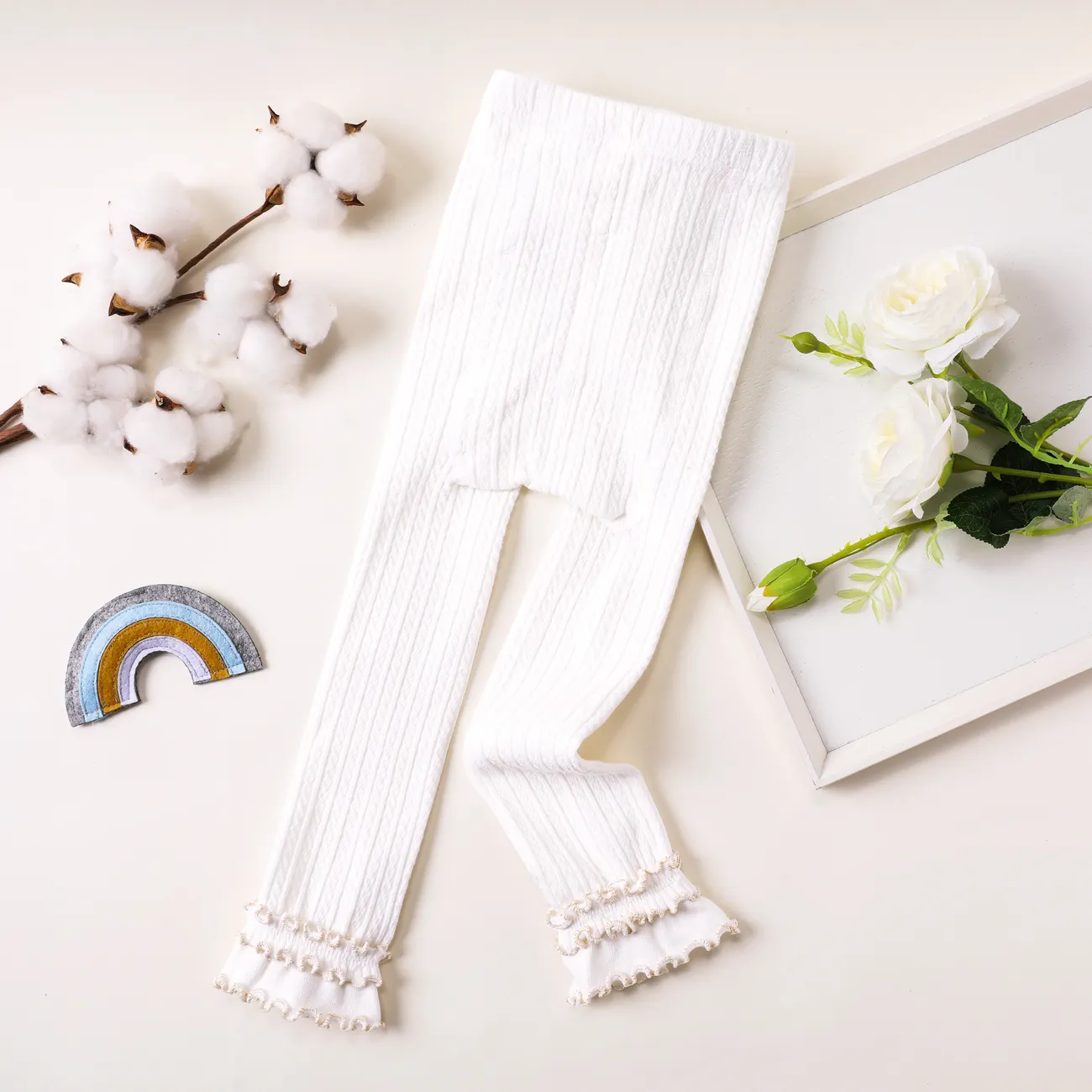 Leggings in cotone a tre strati per neonati / bambini con bordi eleganti e filo lucido, presenta un design a doppio scopo per fondo e leggings Bianco big image 1