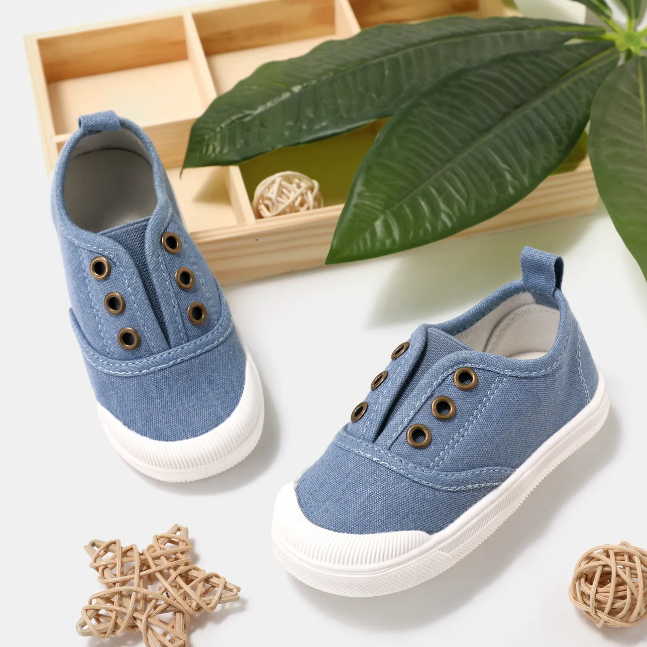 Toddler/Kid Casual Style Navy Blue Canvas Buckle Eyelet Slip-on Shoes Blue big image 1