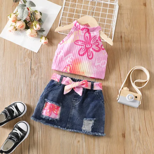 Toddler Girl 3pcs Tie-dye Print Halterneck Camisole e Shorts Denim rasgados com conjunto de cinto