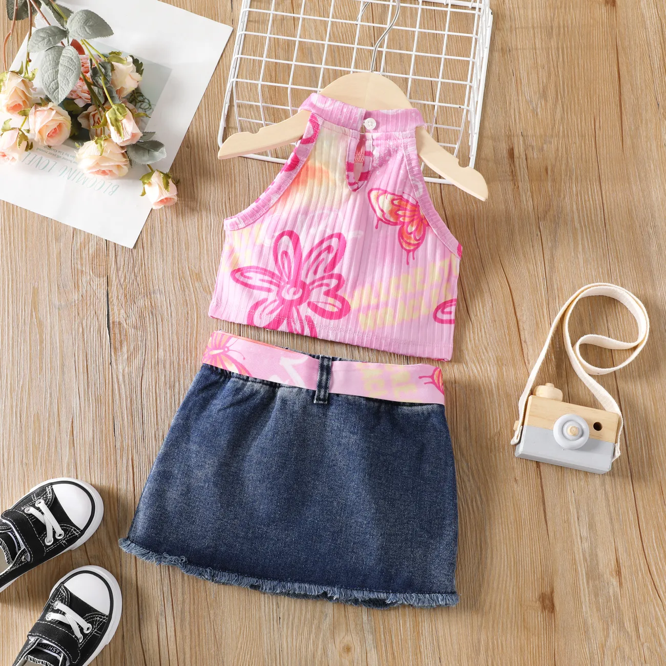 Toddler Girl 3pcs Tie-dye Print Halterneck Camisole and Ripped Denim Shorts with Belt Set pink- big image 1