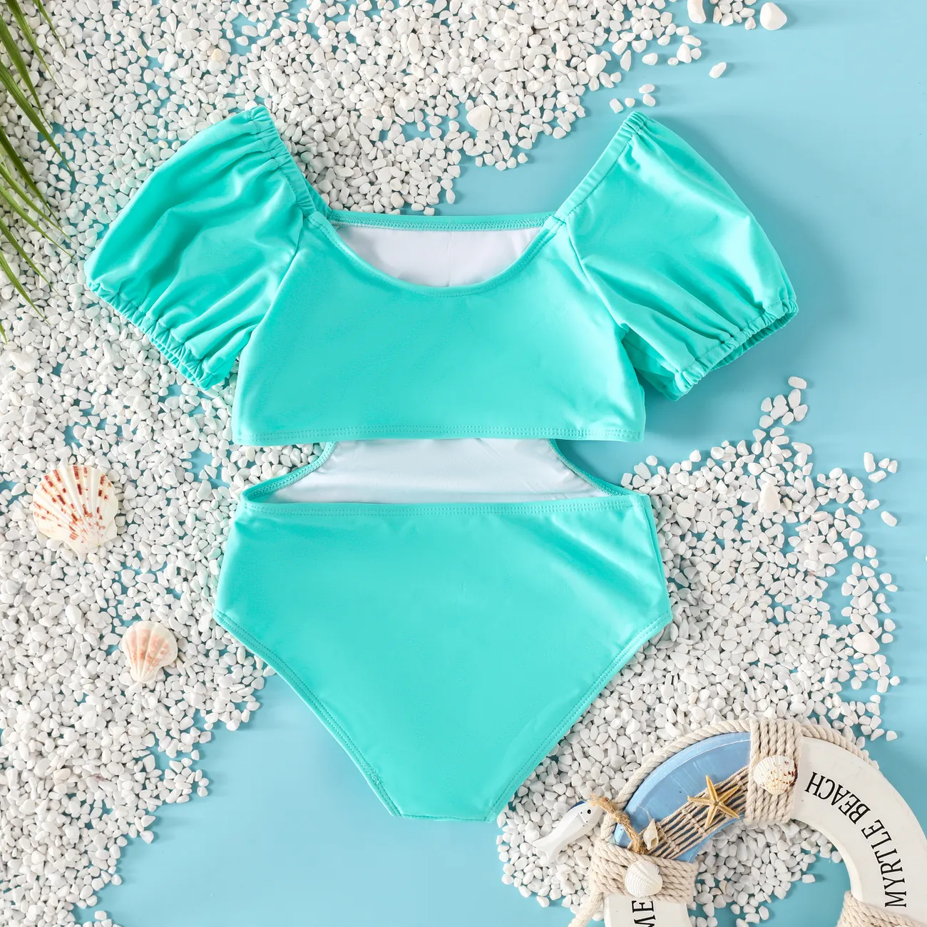 Sweet Puff Sleeve Girls' Swimwear Set in Solid Color Chinlon and Spandex Material Blue big image 1