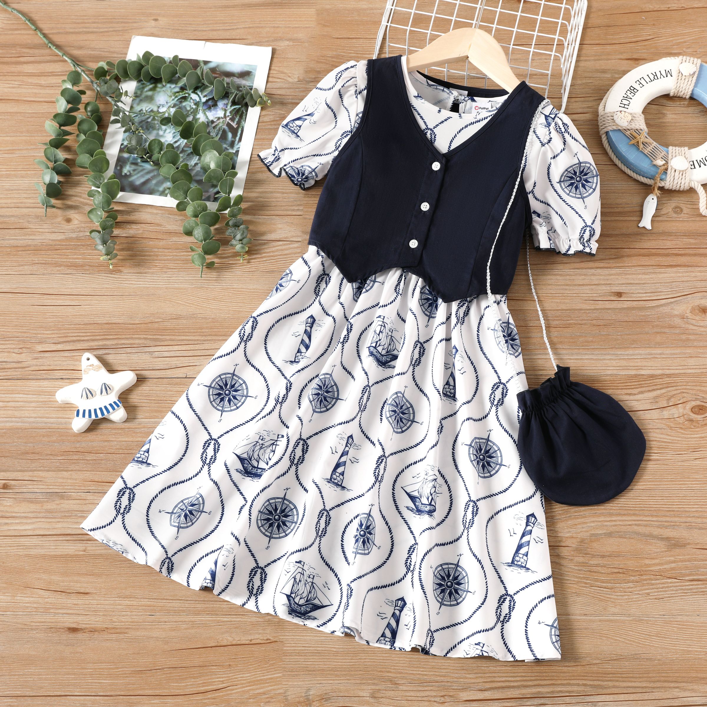 Kid Girl 3pcs Vest and Floral Print Dress and Crossbody Bag Set