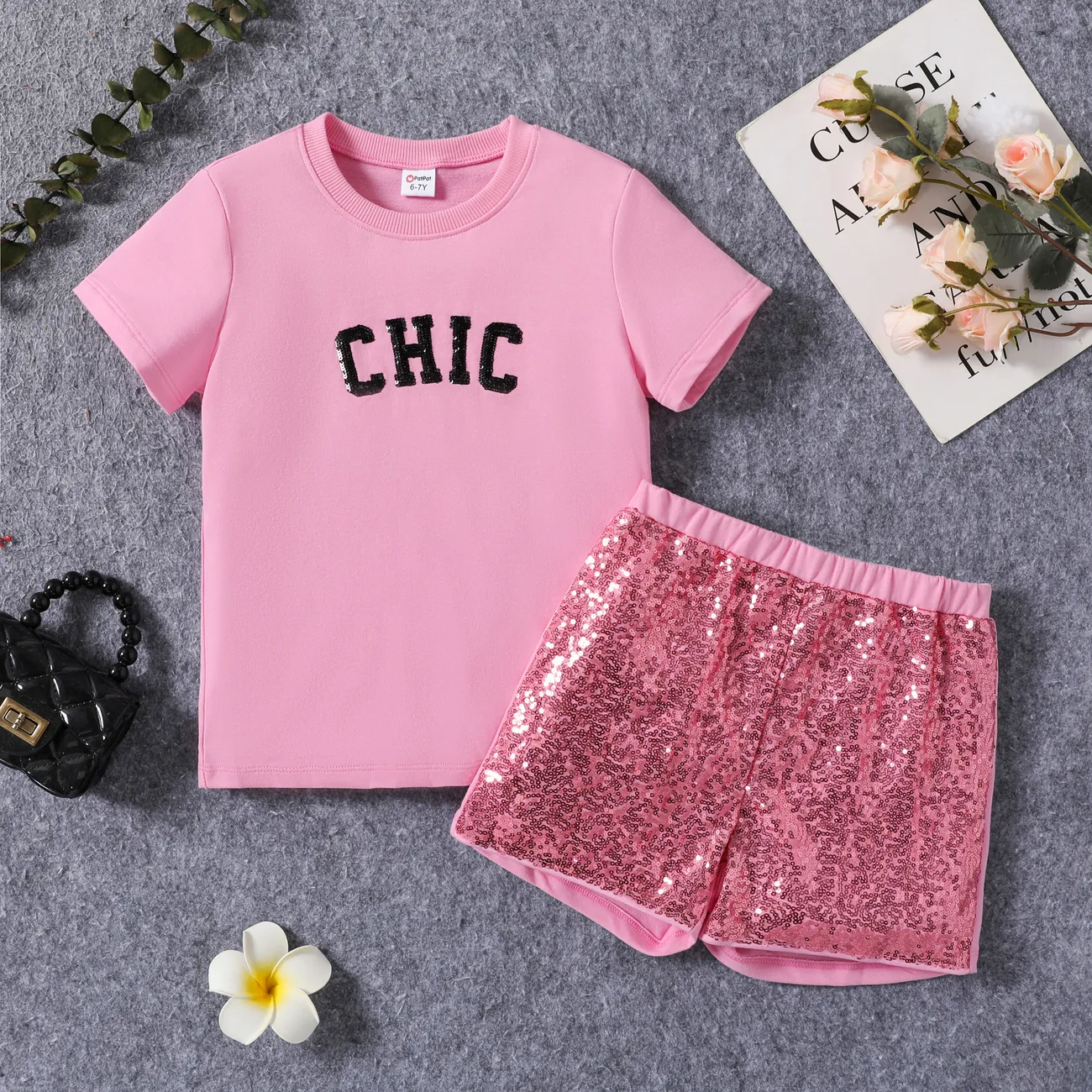 Kleinkind / Kind Mädchen 2pcs Buchstabendruck T-Shirt und Paillettenstickerei Shorts Set rosa big image 1
