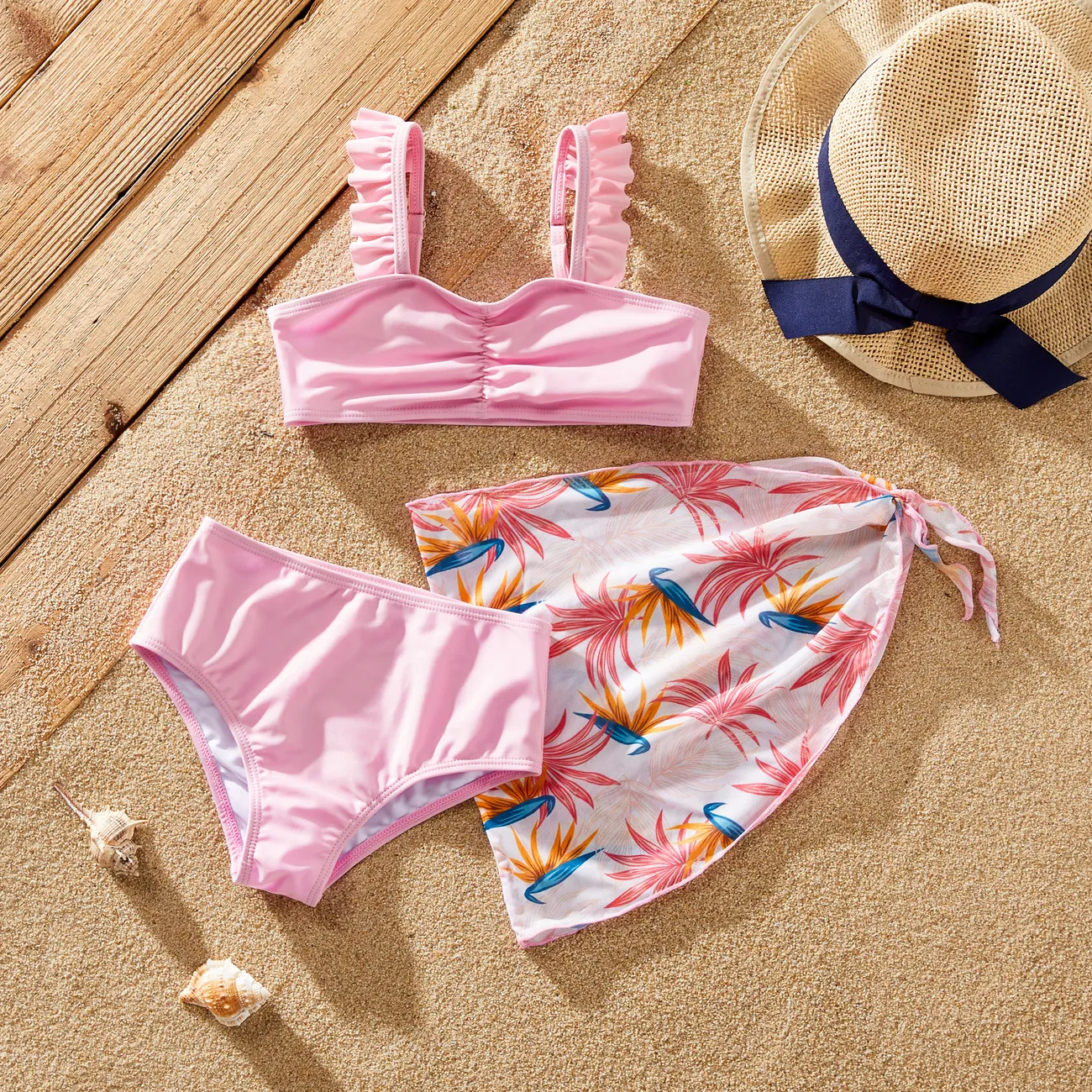 Girl's 3-Piece Ruffle Edge Swimsuit Set - Tropical Floral Print Pink big image 1