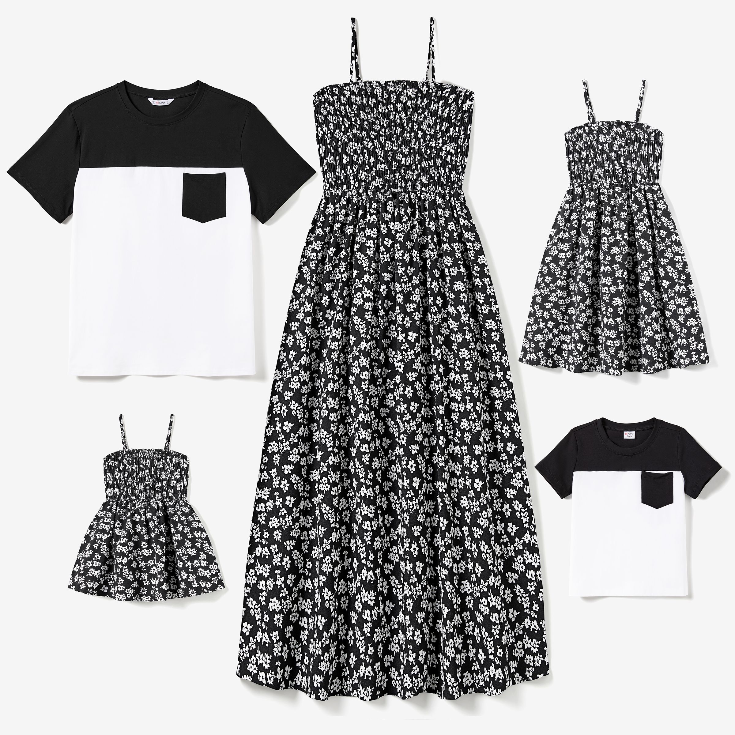 

Family Matching Color Block Tee and Ditsy Floral Shirred A-Line Strap Dress Sets