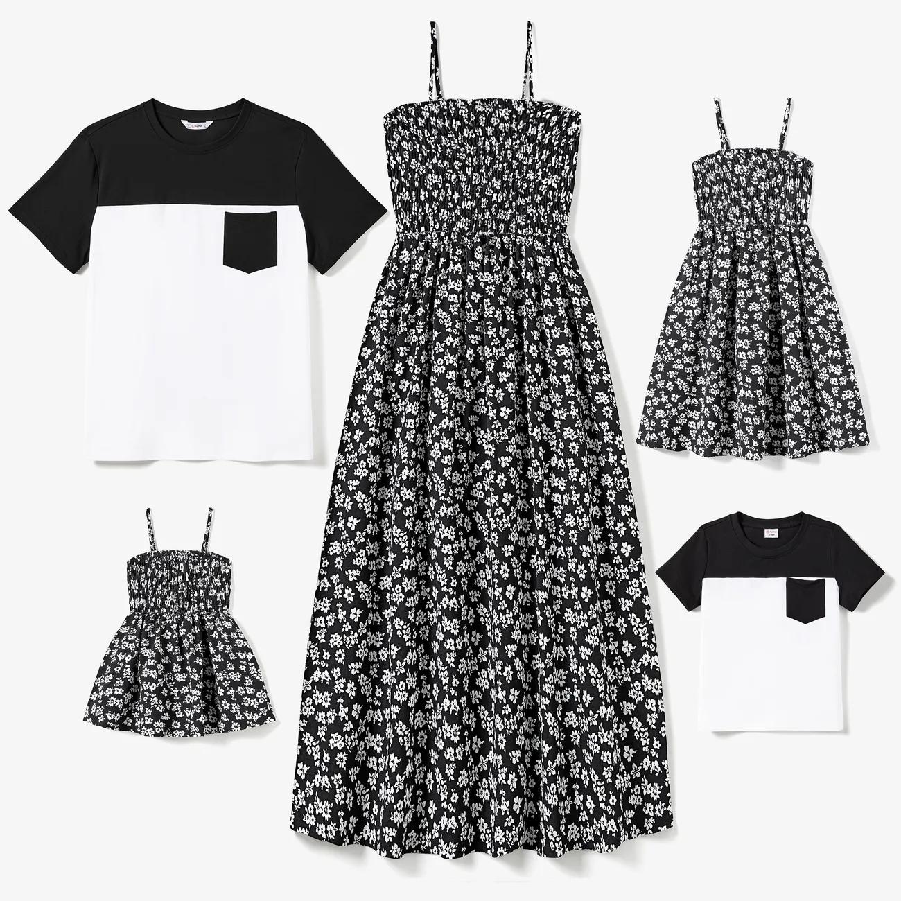 Family Matching Color Block Tee and Ditsy Floral Shirred A-Line Strap Dress Sets Black big image 1