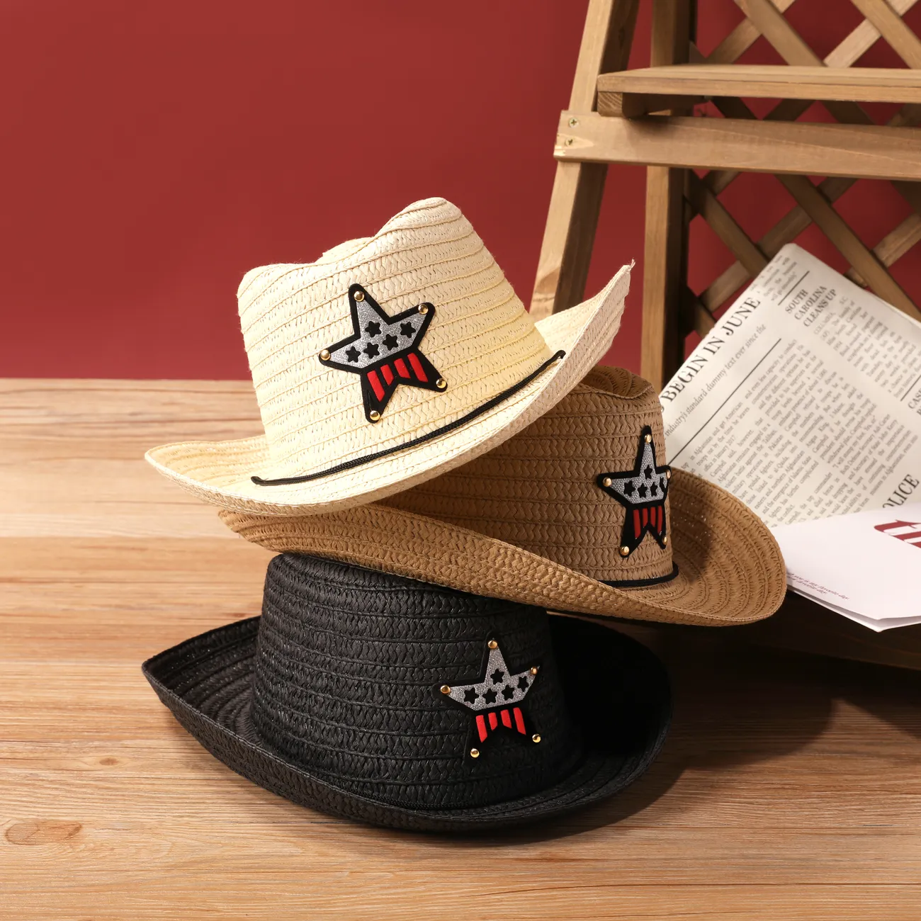 Cappello da sole per bambini Western Cowboy per ragazze e ragazzi con trama di paglia, accento a stella a cinque punte Khaki big image 1