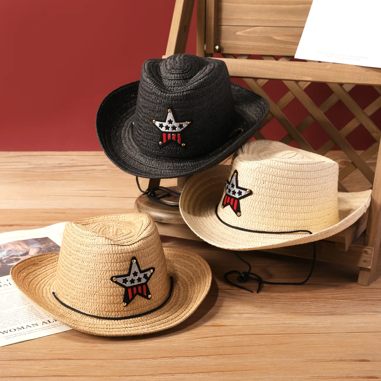 Chapéu de Sol Infantil Western Cowboy para Meninas e Meninos com Tecelagem de Palha, Sotaque de Estrela de Cinco Pontas Cor de Caqui big image 1