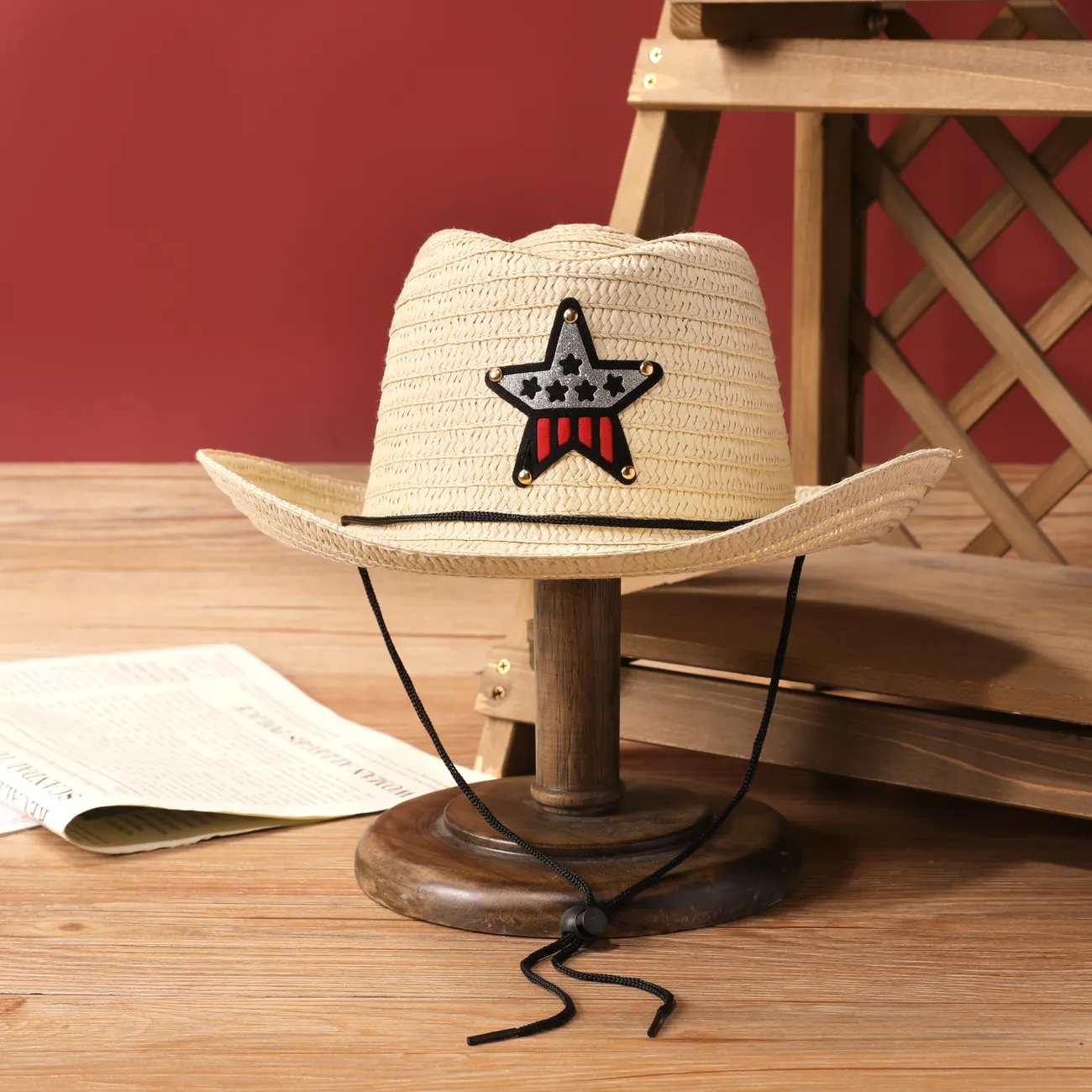 Western Cowboy Children's Sun Hat for Girls and Boys with Straw Weave, Five-Pointed Star Accent Beige big image 1