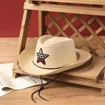 Sombrero de sol para niños vaqueros occidentales para niñas y niños con tejido de paja, acento de estrella de cinco puntas Beige