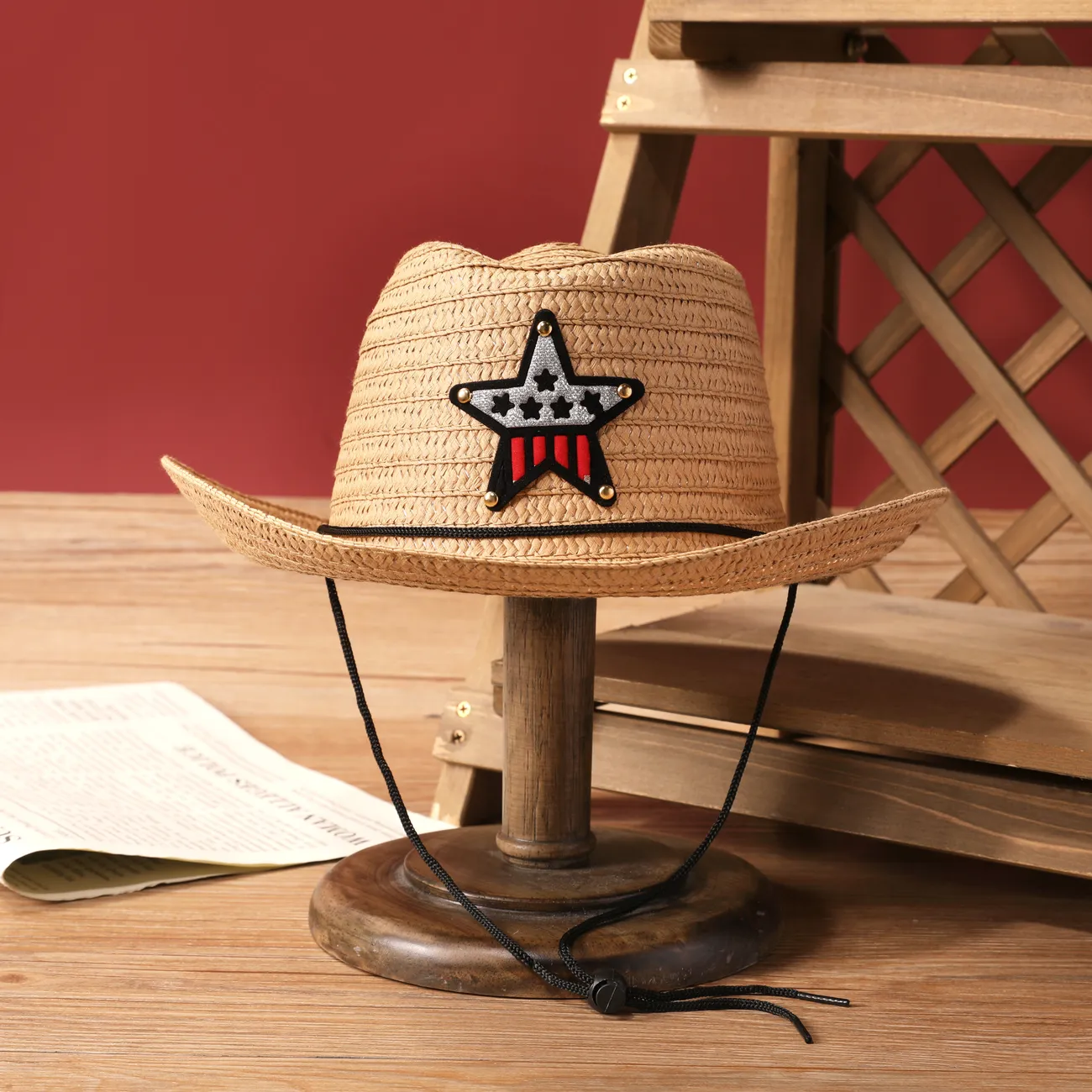 Chapéu de Sol Infantil Western Cowboy para Meninas e Meninos com Tecelagem de Palha, Sotaque de Estrela de Cinco Pontas Cor de Caqui big image 1