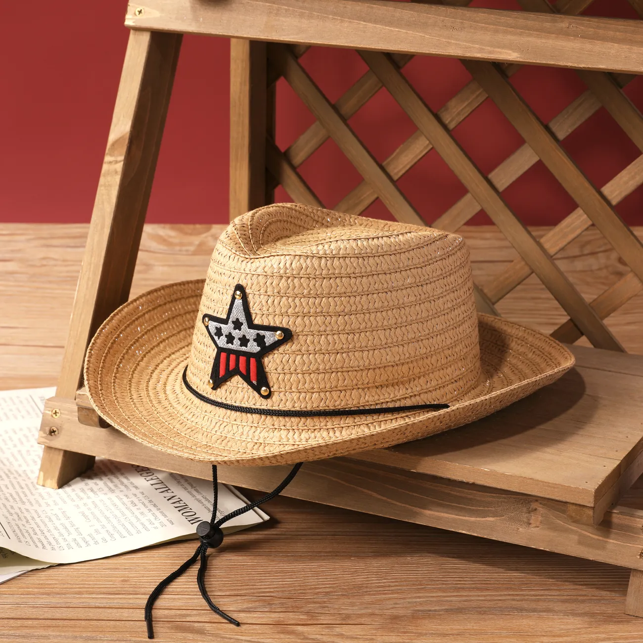 Sombrero de sol para niños vaqueros occidentales para niñas y niños con tejido de paja, acento de estrella de cinco puntas Caqui big image 1
