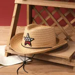 Western Cowboy Children's Sun Hat for Girls and Boys with Straw Weave, Five-Pointed Star Accent Khaki