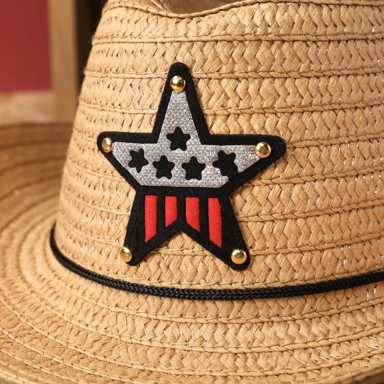 Chapeau de soleil Western Cowboy pour enfants pour filles et garçons avec armure de paille, Accent d’étoile à cinq branches Kaki big image 1