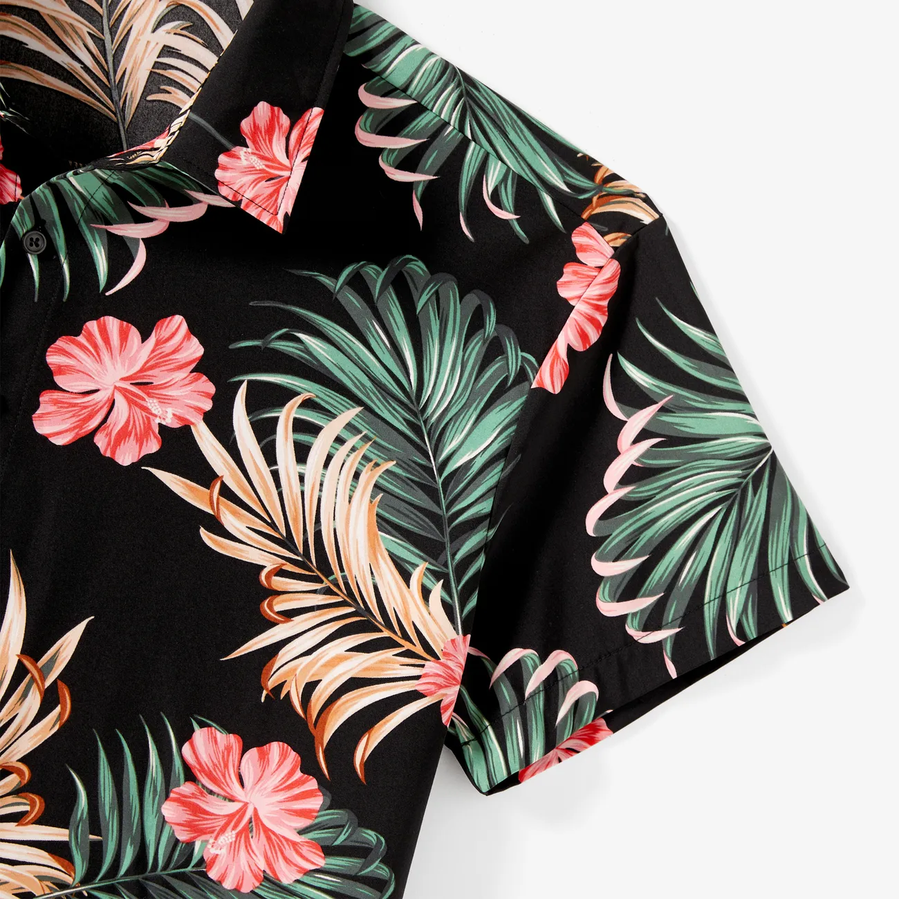 Family Matching Sets Tropical Floral and Leaf Printed Beach Shirt and Drawstring Shorts with Pockets Black big image 1