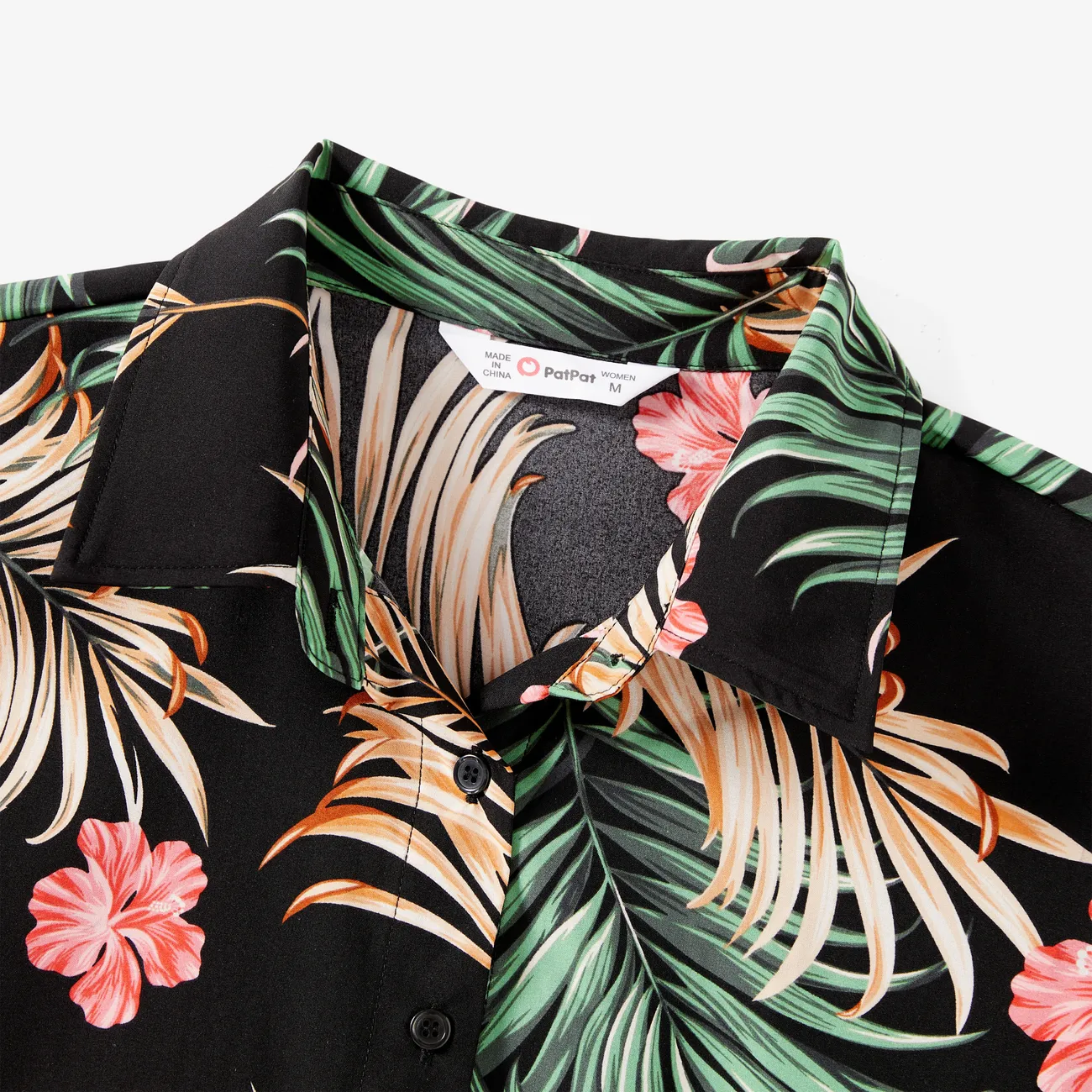 Family Matching Sets Tropical Floral and Leaf Printed Beach Shirt and Drawstring Shorts with Pockets Black big image 1