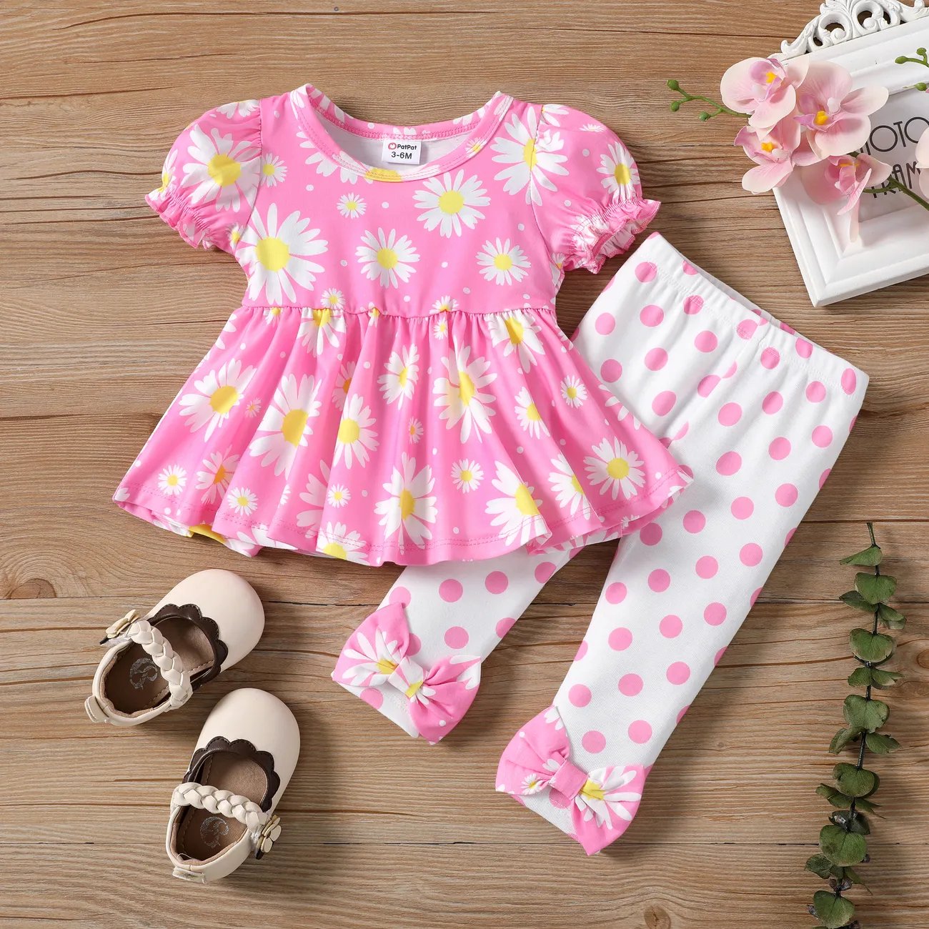 嬰兒/幼兒女孩 2 件套泡泡袖花卉印花上衣和波點印花打底褲套裝 粉色 big image 1