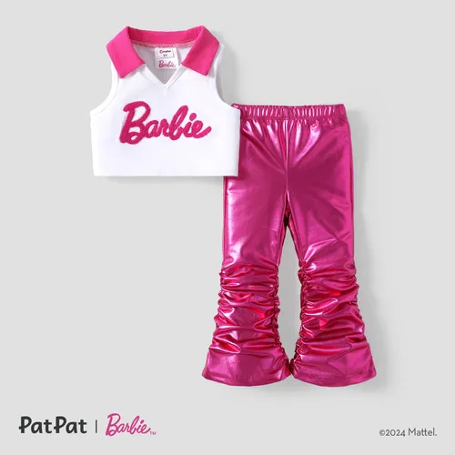 Barbie Toddler/Kids Girls 2pcs camisa polo sem mangas com Metallic Reflective Flare Stretch Pants Set
