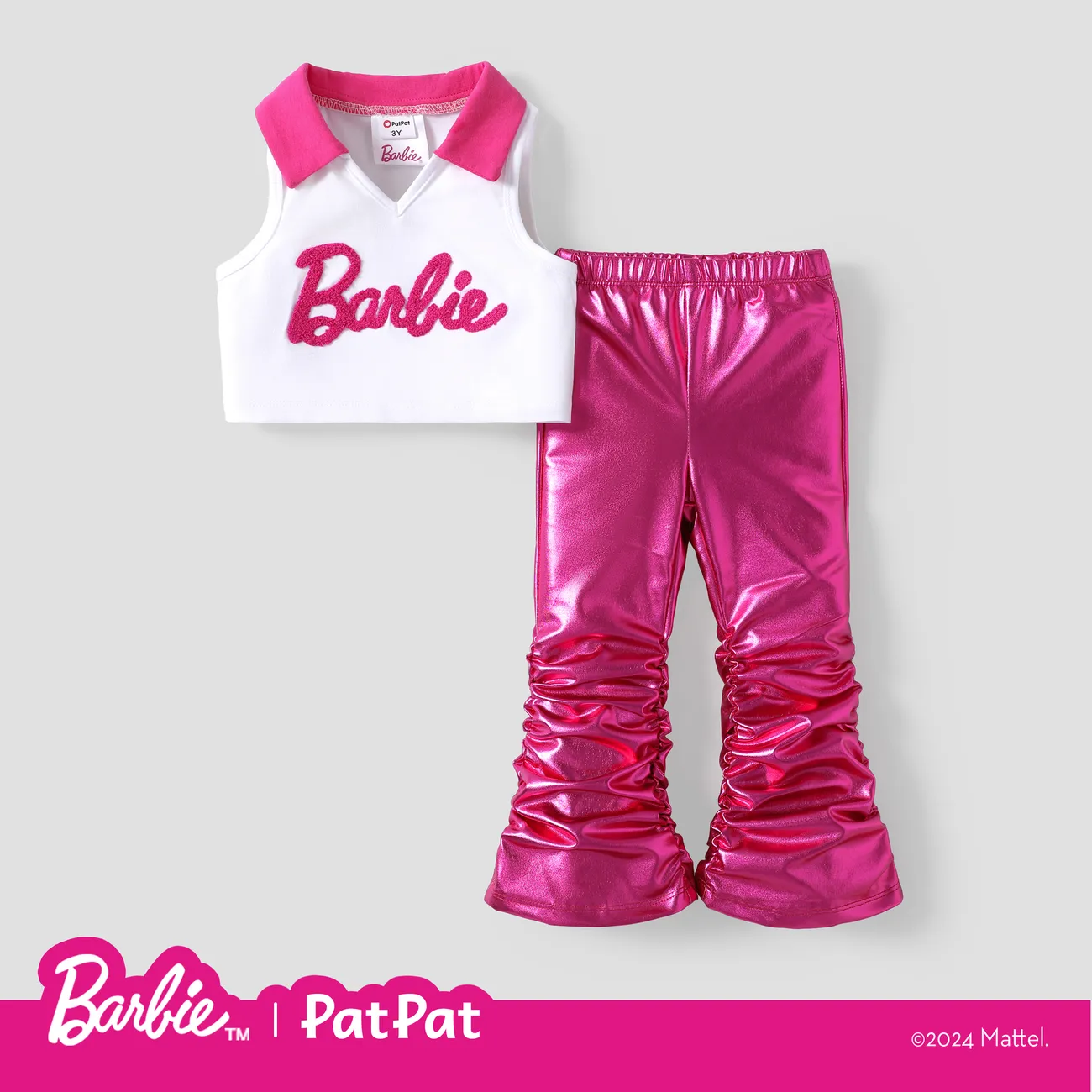芭比娃娃幼兒/兒童女孩 2 件套無袖 Polo 衫配金屬反光喇叭彈力褲套裝 玫瑰白 big image 1