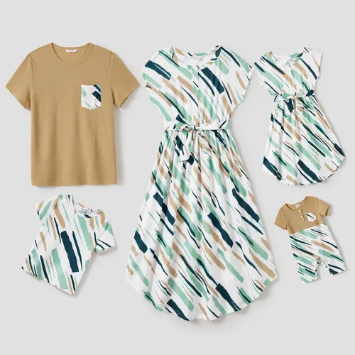 Family Matching Allover Geo Print Sleeveless Belted Dresses and Short-sleeve T-shirts Sets