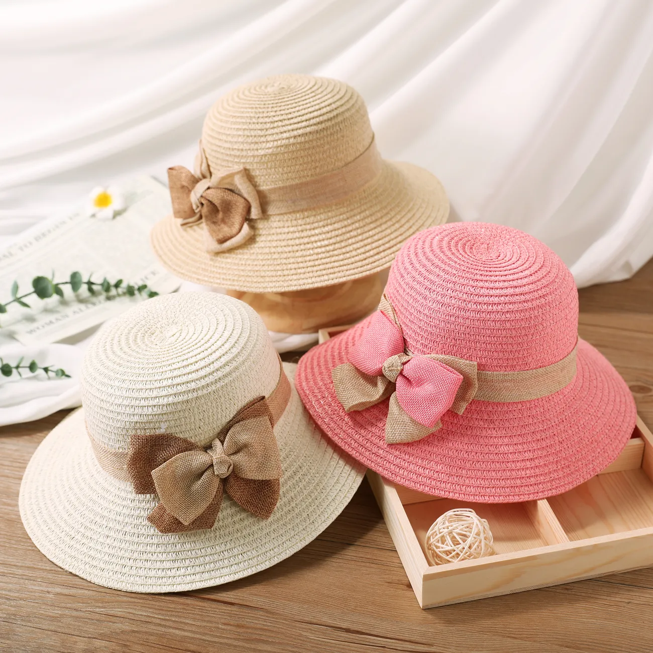 قبعة الشمس الصيفية للفتيات مع عقدة وحافة ملفوفة ، قبعة شاطئ سترو للسفر والإجازة اللون البيج big image 1