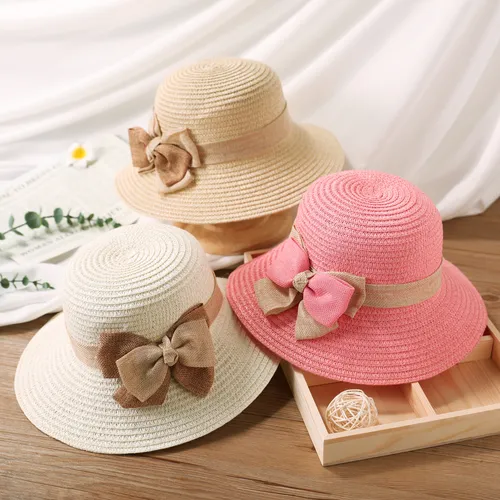 Chapéu de Sol de Verão para Meninas com Laço e Abas Enroladas, Chapéu de Praia de Palha para Viagens e Férias