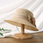 夏季太陽帽，帶蝴蝶結和捲邊的女孩，旅行和度假的草莓沙灘帽 米色