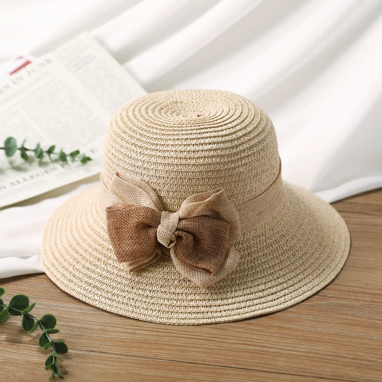Summer Sun Hat for Girls with Bowknot and Rolled Brim, Straw Beach Hat for Travel and Vacation Beige big image 1