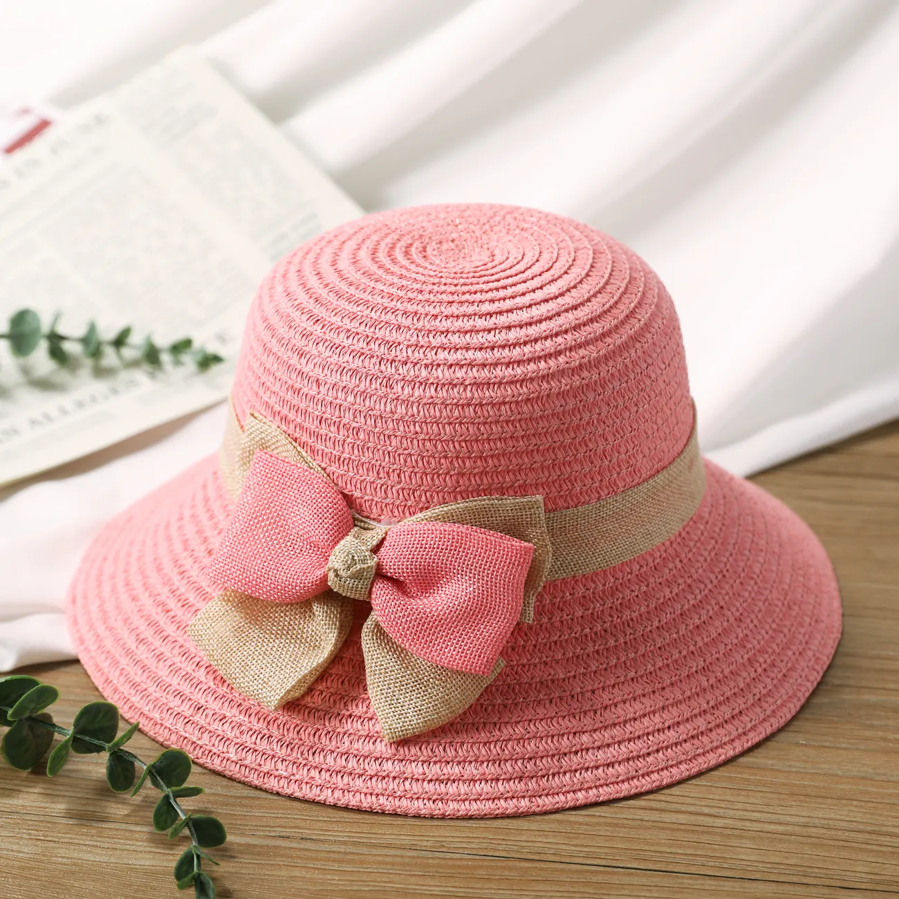 Chapéu de Sol de Verão para Meninas com Laço e Abas Enroladas, Chapéu de Praia de Palha para Viagens e Férias Rosa big image 1