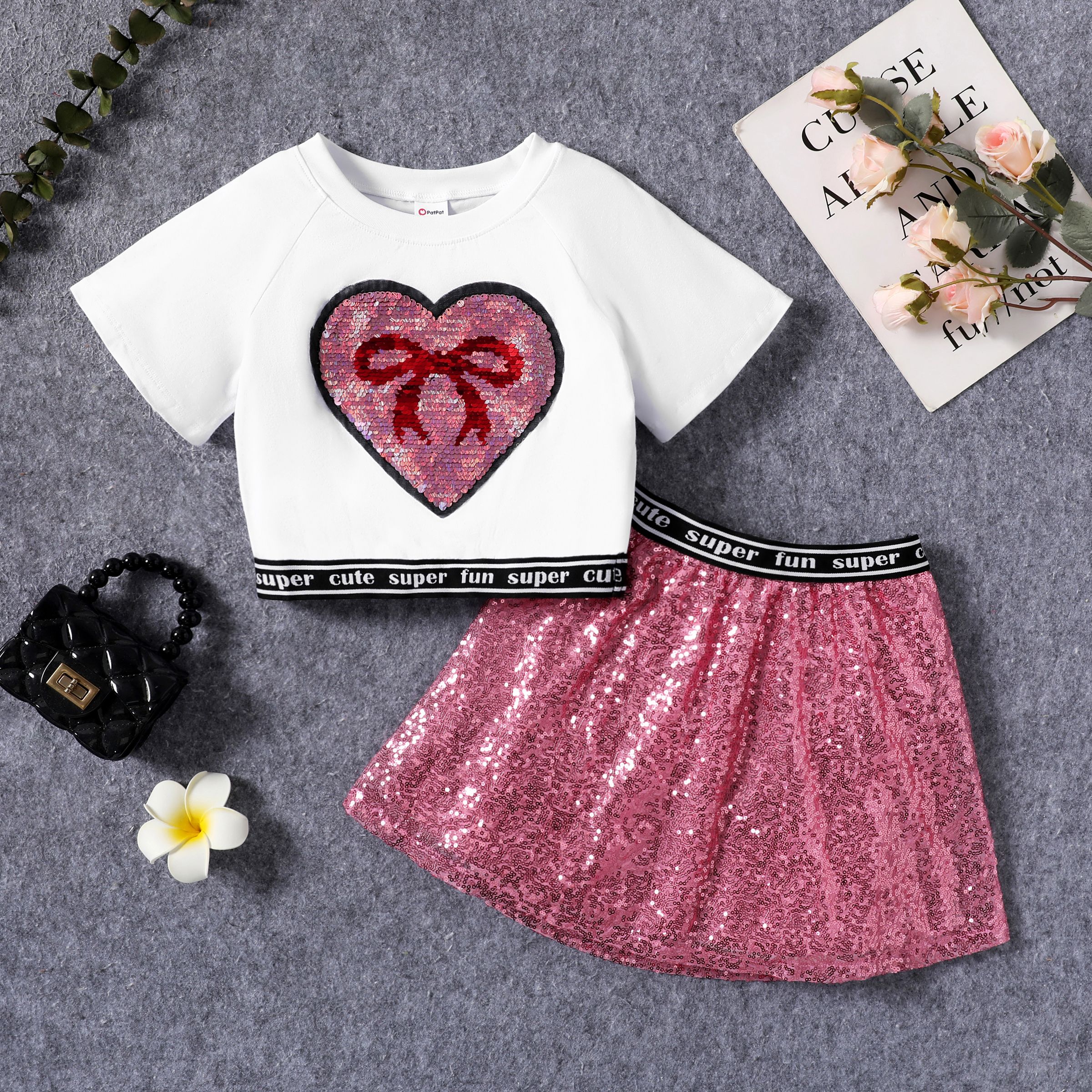 Toddler/Kid Girl 2pcs Heart Sequin Embroidery Crop Tee and Ribbon Skirt Set