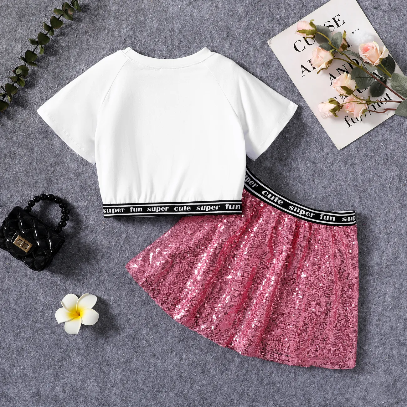 Toddler/Kid Girl 2pcs Heart Sequin Embroidery Crop Tee and Ribbon Skirt Set PinkyWhite big image 1