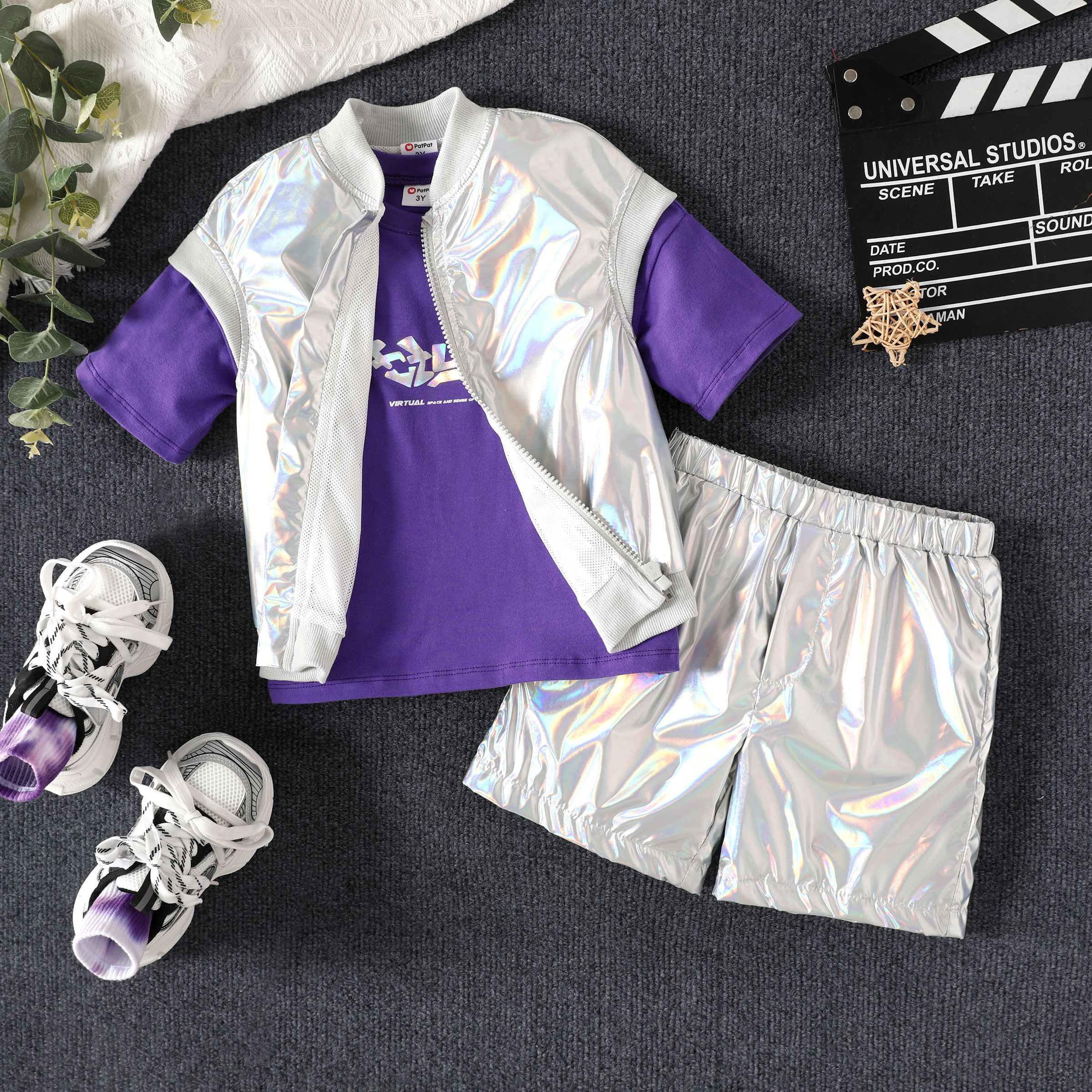 Toddler Boy/Girl 3pcs Laser Fabric Vest and Letter Print Tee and Shorts Set