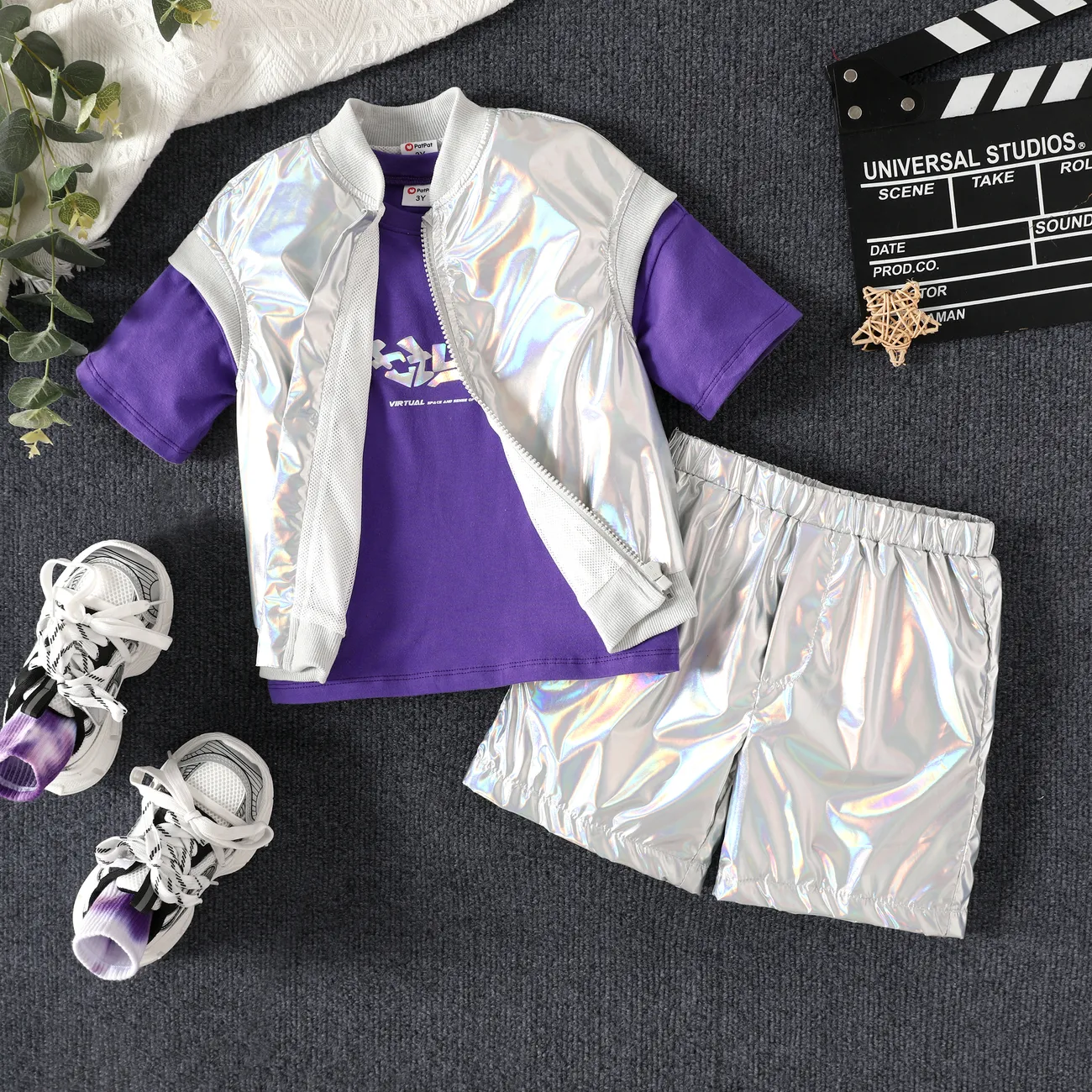 Toddler Boy/Girl 3pcs Laser Fabric Vest and Letter Print Tee and Shorts Set Purple big image 1