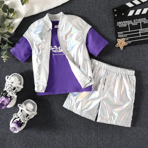 Toddler Boy/Girl 3pcs Laser Fabric Vest e Carta Print Tee e Shorts Set