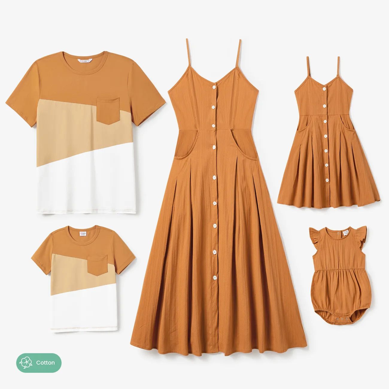 Family Matching Sets Color block Tee and Embossed Button Strap Dress with large Pockets  Orange big image 1