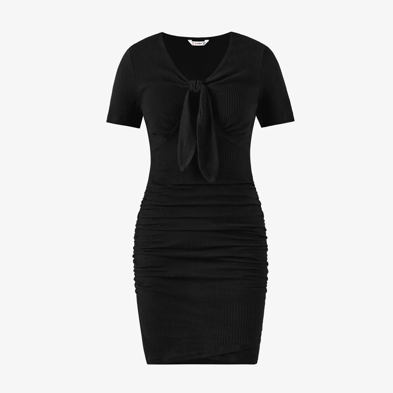 Mommy and Me Short-Sleeve Black Ribbed Tie Neck Ruched Bodycon Dress Black big image 1